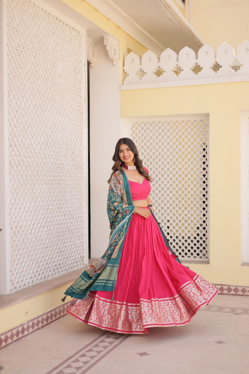 Viscose Jequard Pink Lehenga Set with Gajji Silk Dupatta ClothsVilla