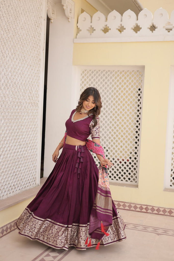 Viscose Jequard Wine Lehenga Set with Gajji Silk Dupatta ClothsVilla