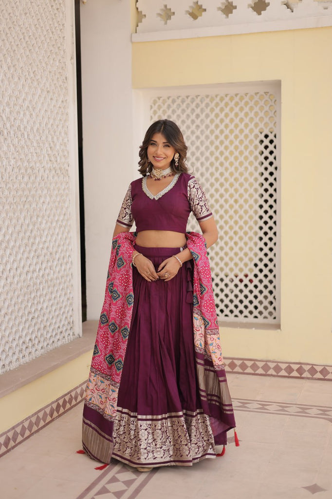 Viscose Jequard Wine Lehenga Set with Gajji Silk Dupatta ClothsVilla