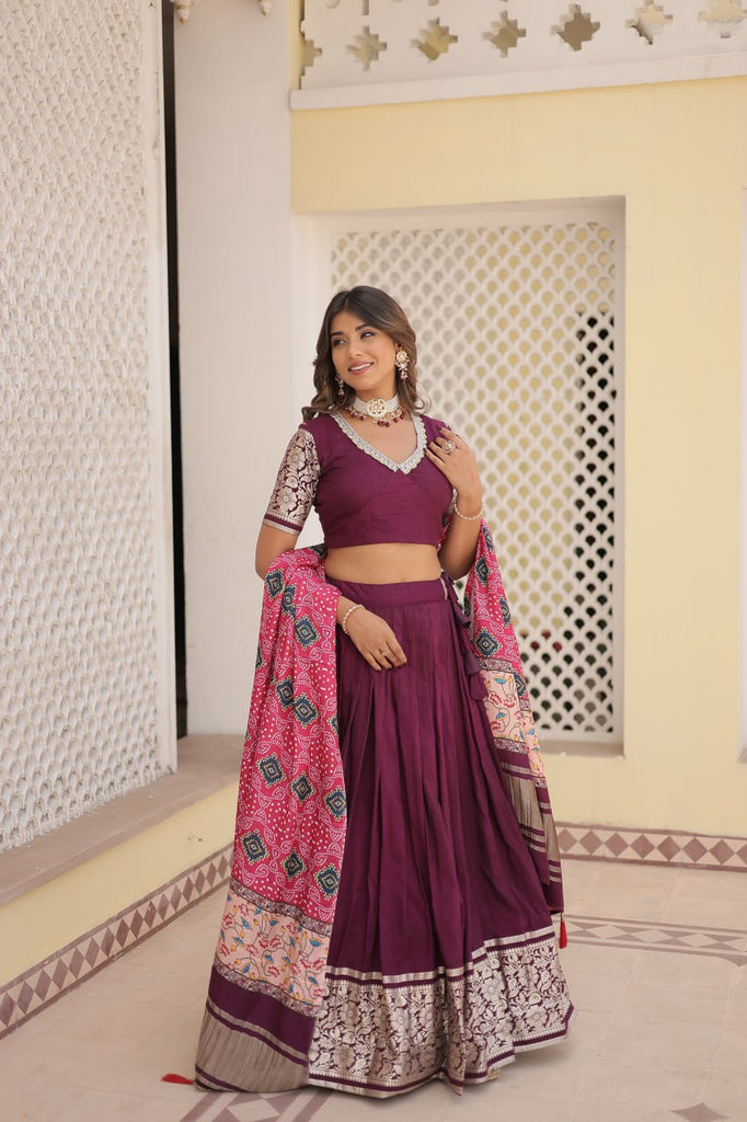 Viscose Jequard Wine Lehenga Set with Gajji Silk Dupatta ClothsVilla