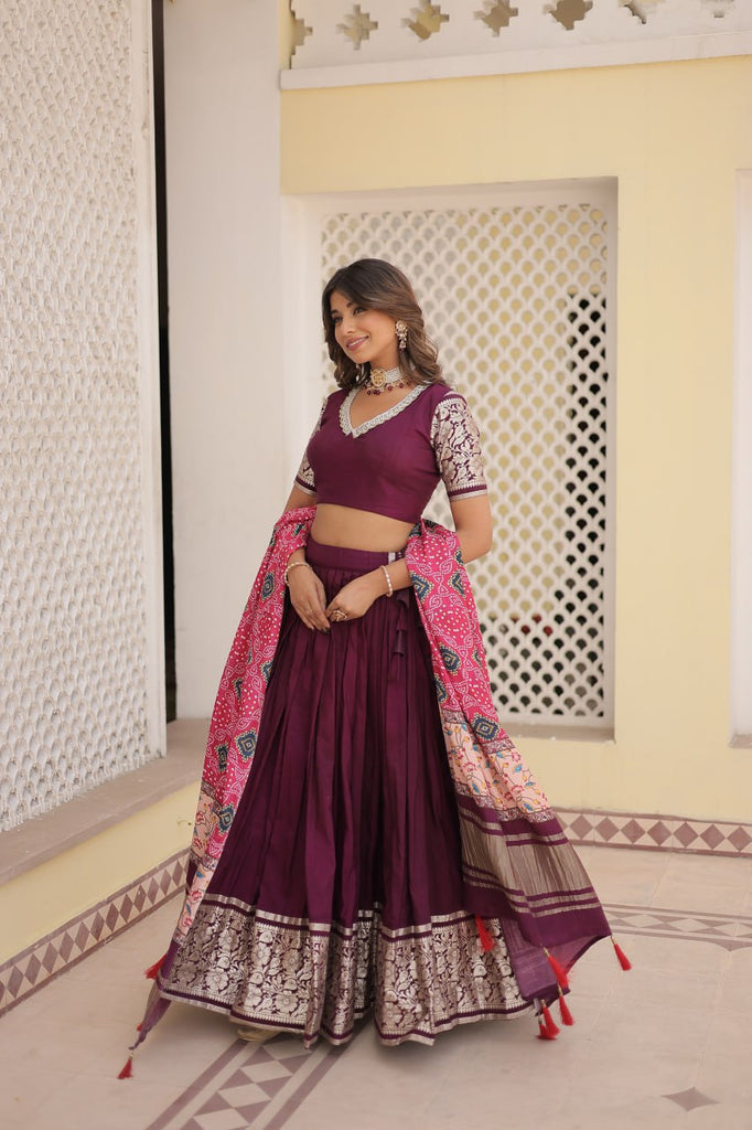 Viscose Jequard Wine Lehenga Set with Gajji Silk Dupatta ClothsVilla