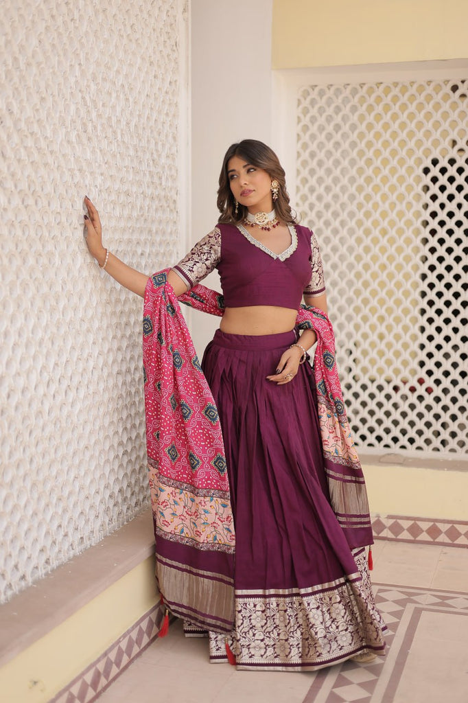 Viscose Jequard Wine Lehenga Set with Gajji Silk Dupatta ClothsVilla