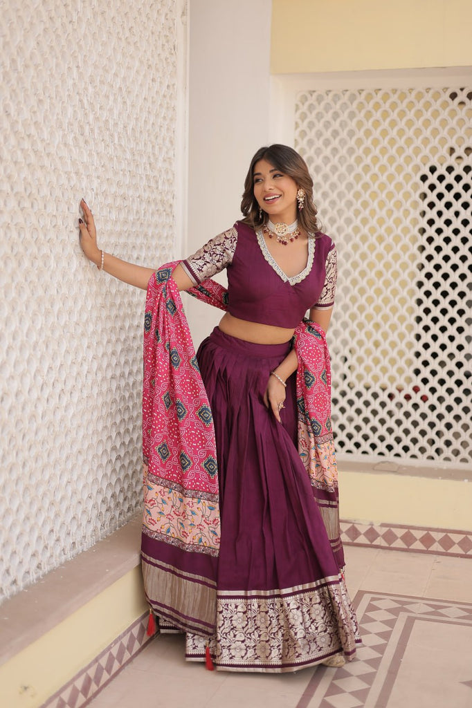 Viscose Jequard Wine Lehenga Set with Gajji Silk Dupatta ClothsVilla