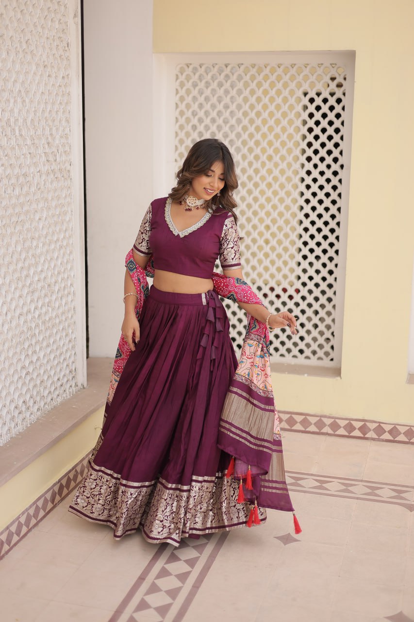 Viscose Jequard Wine Lehenga Set with Gajji Silk Dupatta ClothsVilla