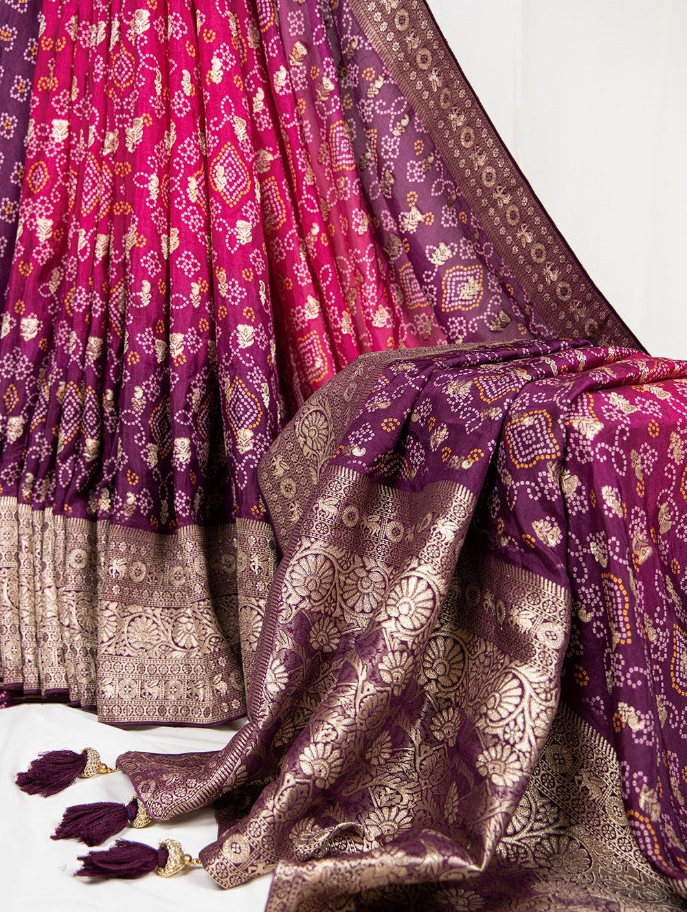 Pure Viscose Wine Bandhej Print Saree With Blouse - Complete Your Traditional Look ClothsVilla Main image