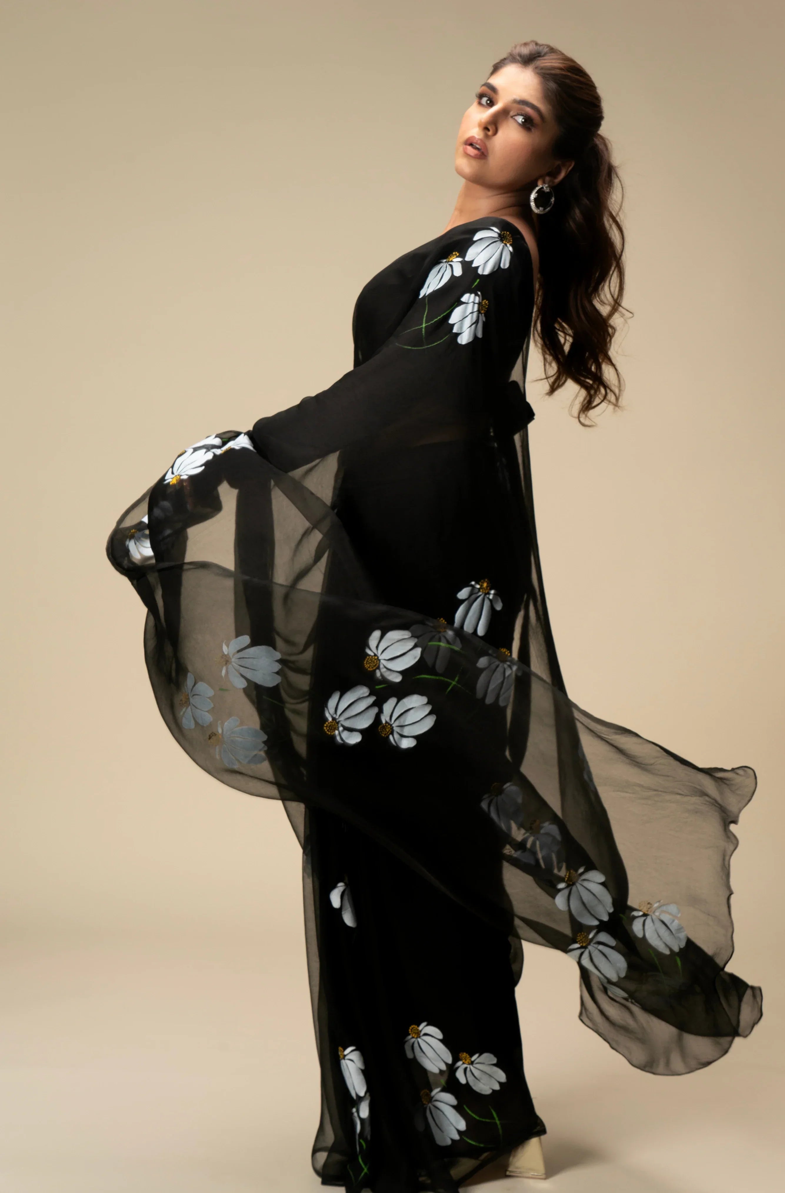 Black Hand-Painted Pure Georgette Saree with White Floral Motifs & Sequins | Modal Satin Blouse FANCY SAREES