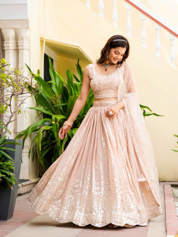 Warm Peach Luxurious Faux Georgette Zari & Sequin Embroidered Semi-Stitched Lehenga Choli with Net Embroidered Dupatta ClothsVilla