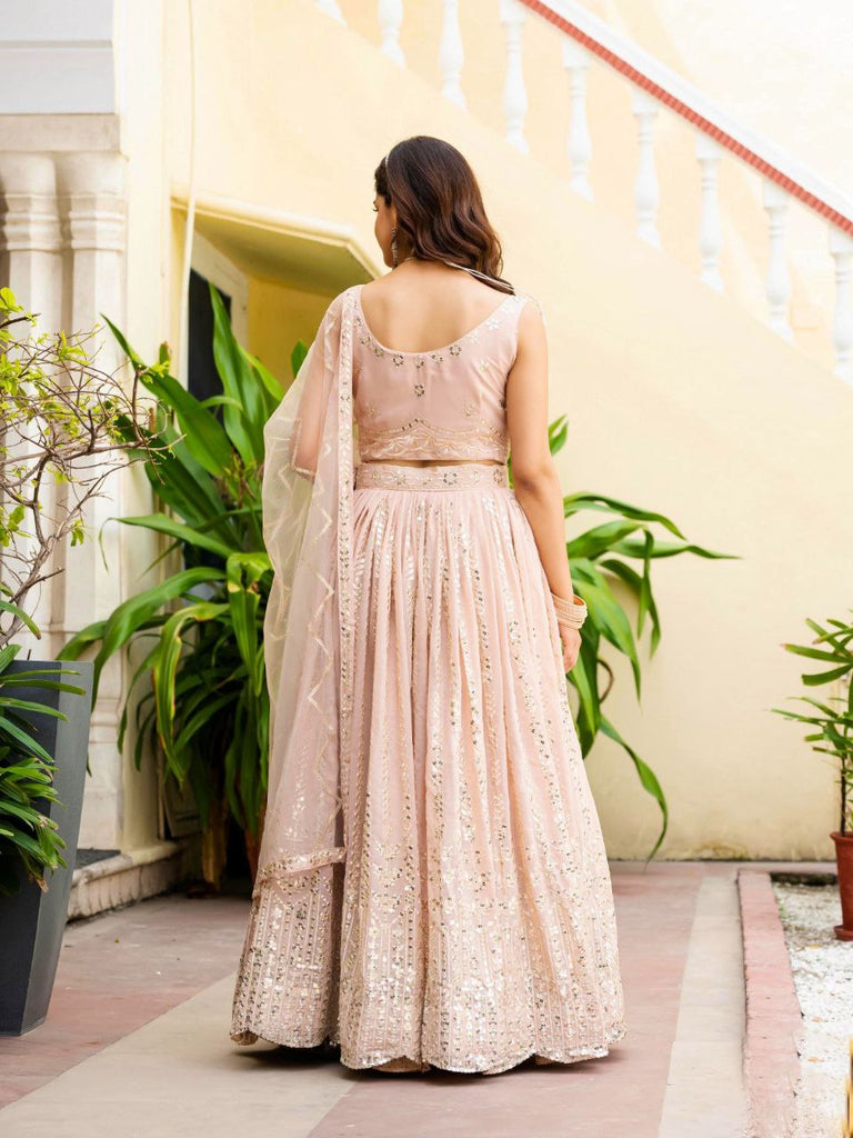 Warm Peach Luxurious Faux Georgette Zari & Sequin Embroidered Semi-Stitched Lehenga Choli with Net Embroidered Dupatta ClothsVilla