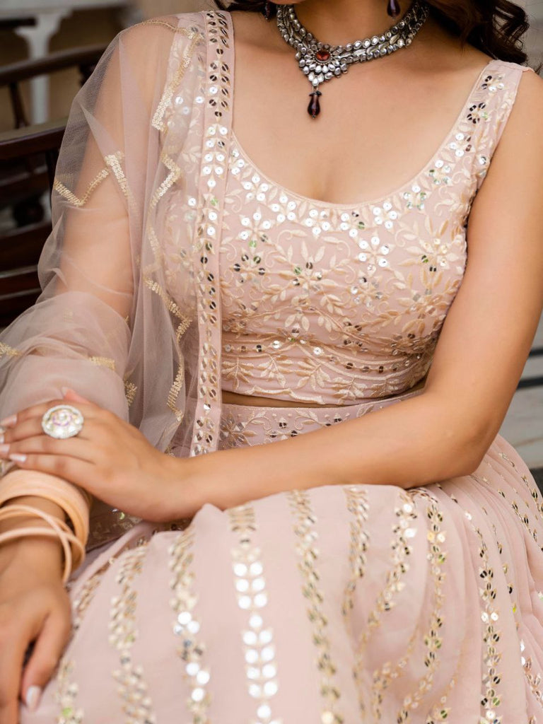Warm Peach Luxurious Faux Georgette Zari & Sequin Embroidered Semi-Stitched Lehenga Choli with Net Embroidered Dupatta ClothsVilla