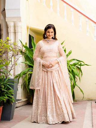 Warm Peach Luxurious Faux Georgette Zari & Sequin Embroidered Semi-Stitched Lehenga Choli with Net Embroidered Dupatta ClothsVilla