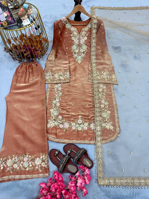 Warm Peach Premium Jimmy Choo Embroidered Palazzo Set with Dupatta ClothsVilla Main image