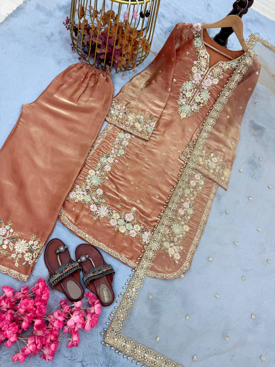 Warm Peach Premium Embroidered Palazzo Set with Dupatta Secondary image