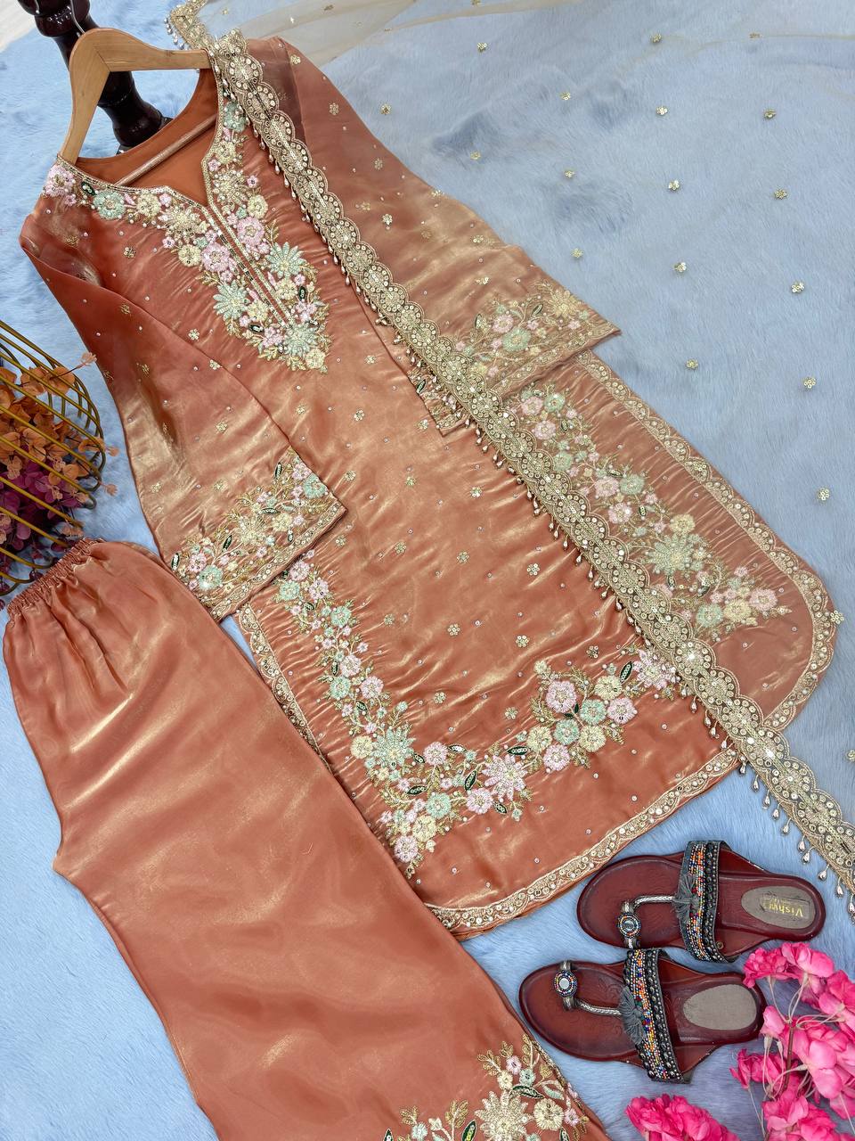 Warm Peach Premium Jimmy Choo Embroidered Palazzo Set with Dupatta ClothsVilla