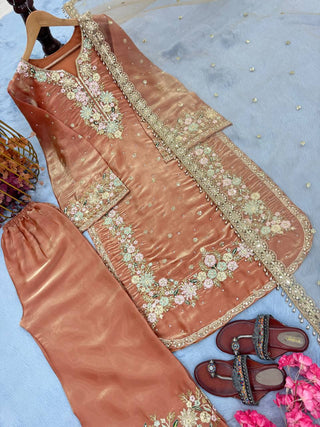 Warm Peach Premium Jimmy Choo Embroidered Palazzo Set with Dupatta ClothsVilla