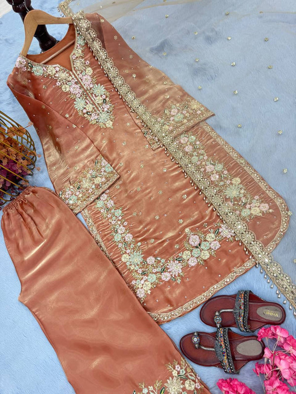 Warm Peach Premium Jimmy Choo Embroidered Palazzo Set with Dupatta ClothsVilla