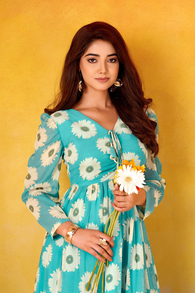 Weightless Marble Floral Print Frock with Foil Work – Fully Stitched ClothsVilla