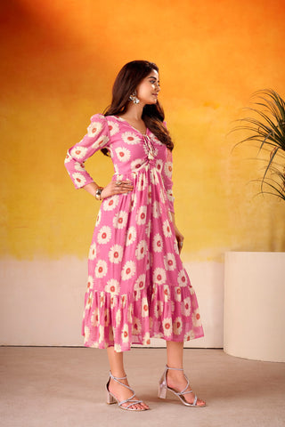 Weightless Marble Floral Print Frock with Foil Work – Fully Stitched ClothsVilla