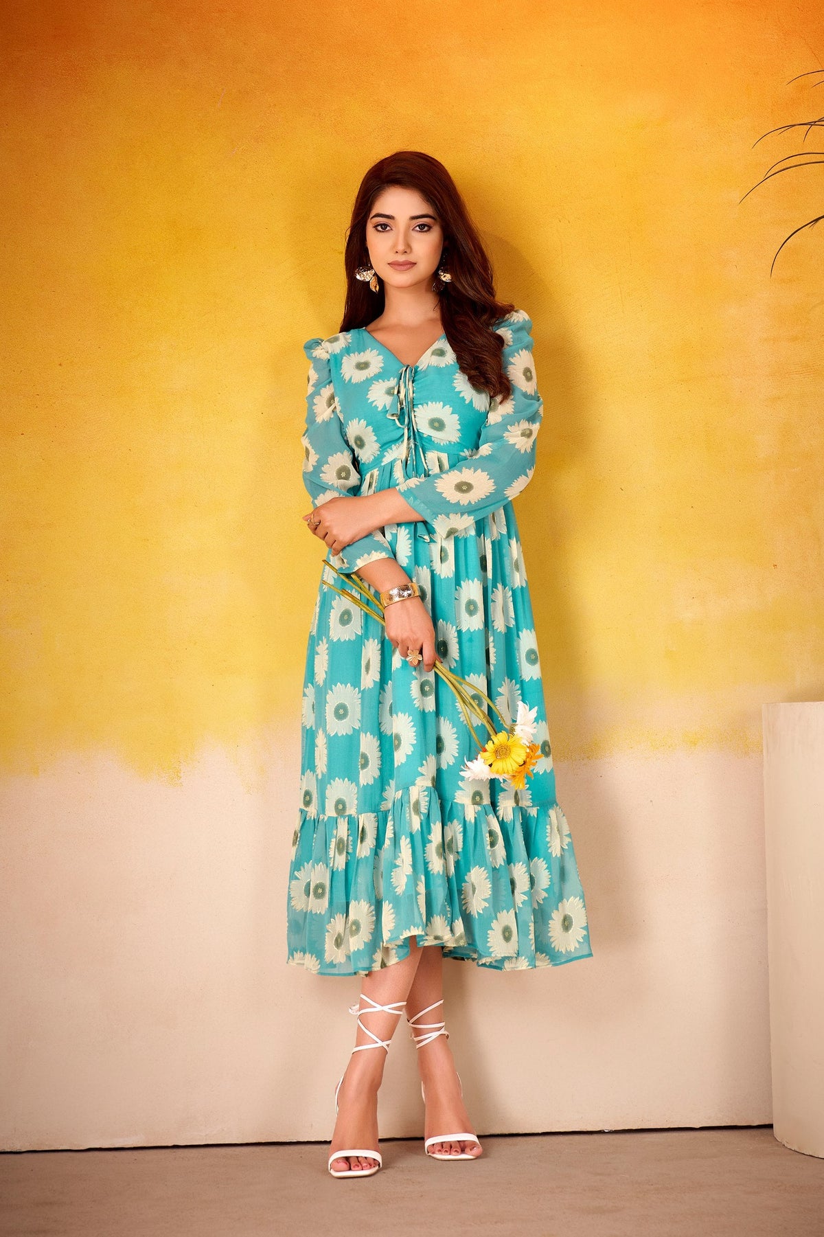 Weightless Marble Floral Print Frock with Foil Work – Fully Stitched ClothsVilla Main image