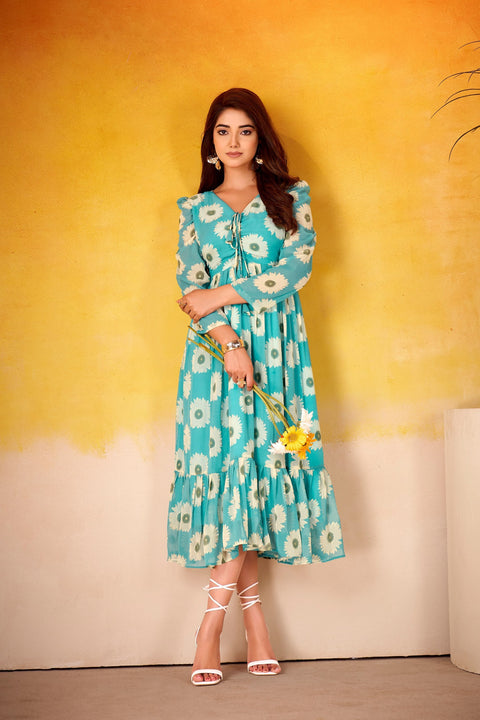 Weightless Marble Floral Print Frock with Foil Work – Fully Stitched ClothsVilla Main image