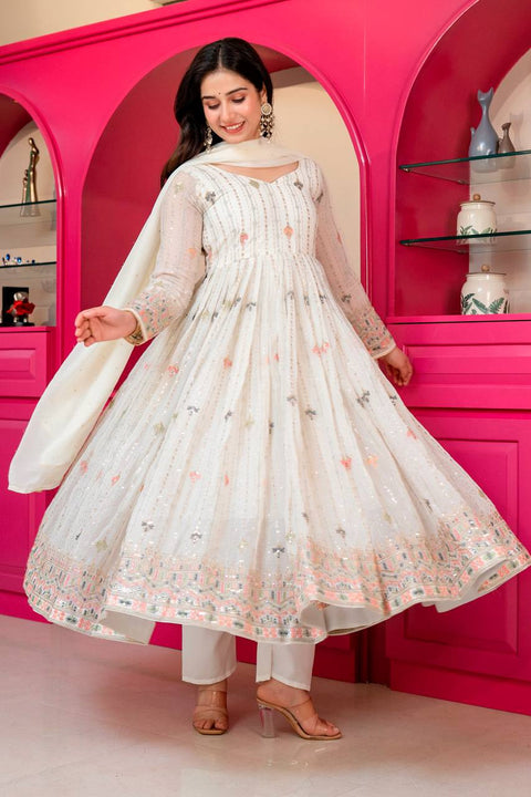 White Anarkali Suit – Heavy Zari & Sequins Work ClothsVilla Main image