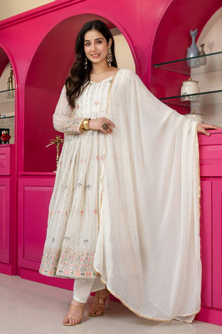 White Anarkali Suit – Heavy Zari & Sequins Work ClothsVilla