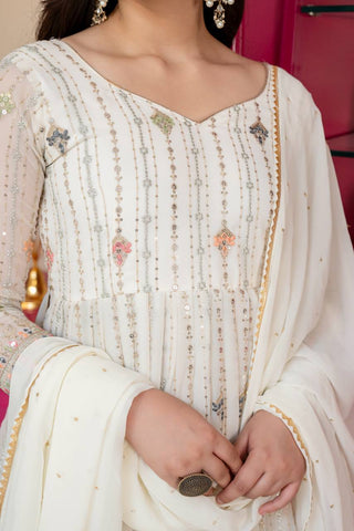 White Anarkali Suit – Heavy Zari & Sequins Work ClothsVilla