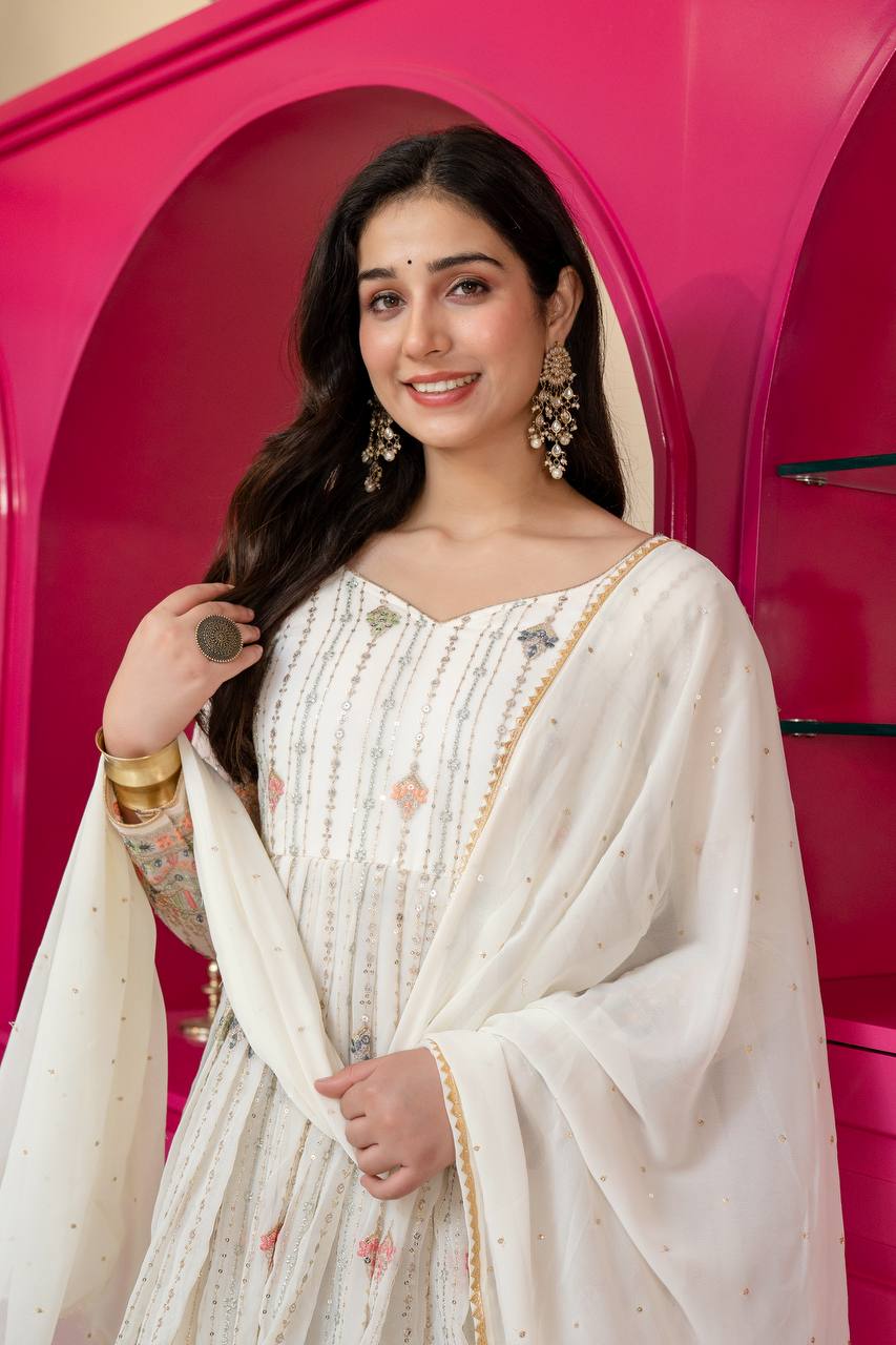 White Anarkali Suit – Heavy Zari & Sequins Work ClothsVilla