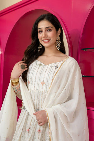 White Anarkali Suit – Heavy Zari & Sequins Work ClothsVilla