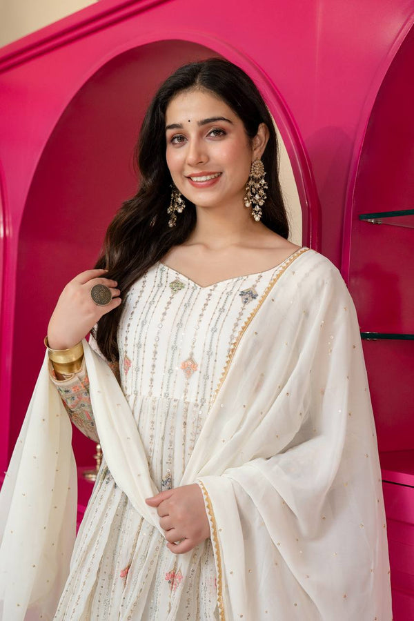 White Anarkali Suit – Heavy Zari & Sequins Work ClothsVilla
