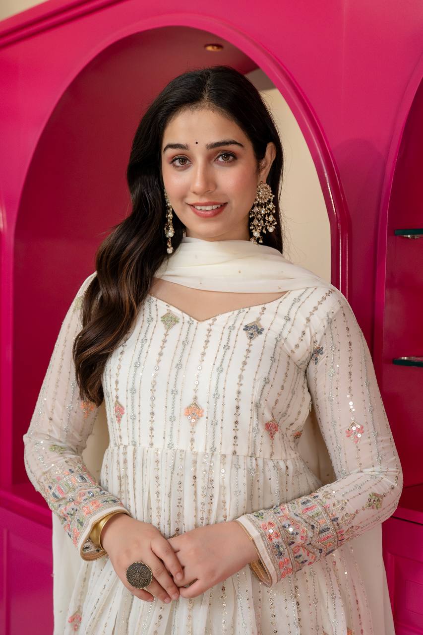 White Anarkali Suit – Heavy Zari & Sequins Work ClothsVilla