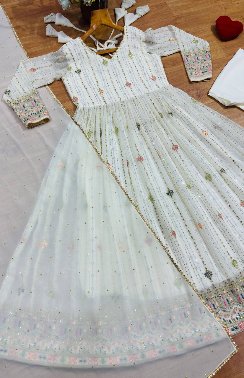 White Anarkali Suit – Heavy Zari & Sequins Work ClothsVilla