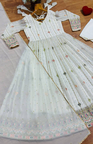 White Anarkali Suit – Heavy Zari & Sequins Work ClothsVilla