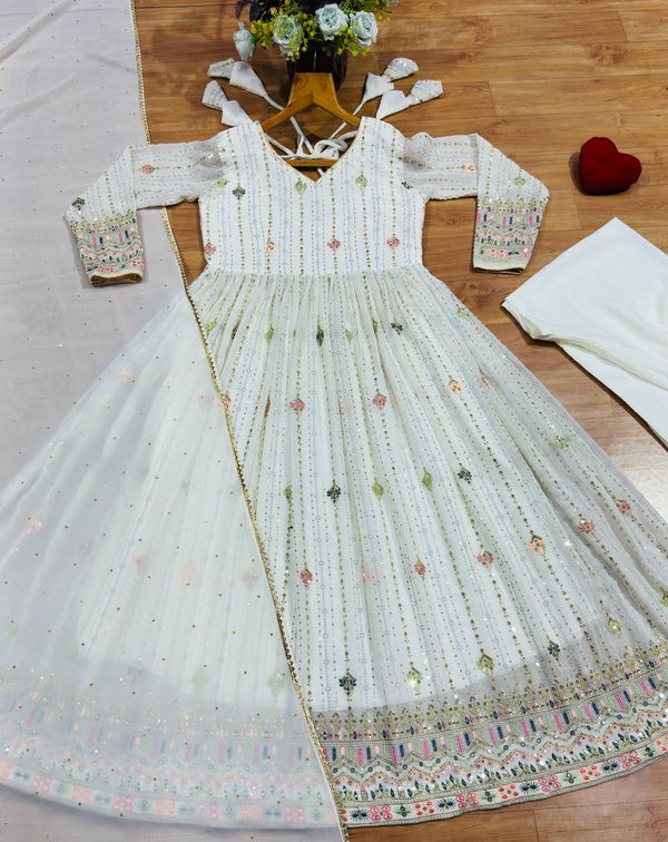 White Anarkali Suit – Heavy Zari & Sequins Work ClothsVilla