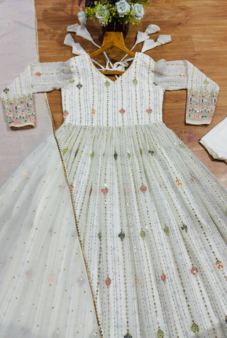 White Anarkali Suit – Heavy Zari & Sequins Work ClothsVilla