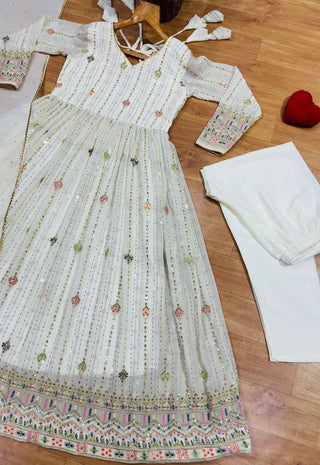 White Anarkali Suit – Heavy Zari & Sequins Work ClothsVilla