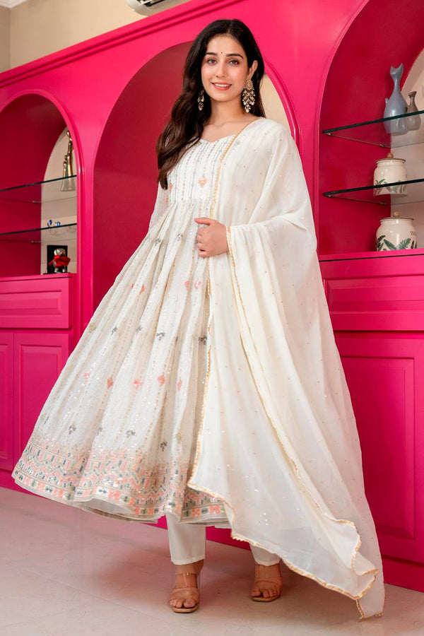 White Anarkali Suit – Heavy Zari & Sequins Work ClothsVilla