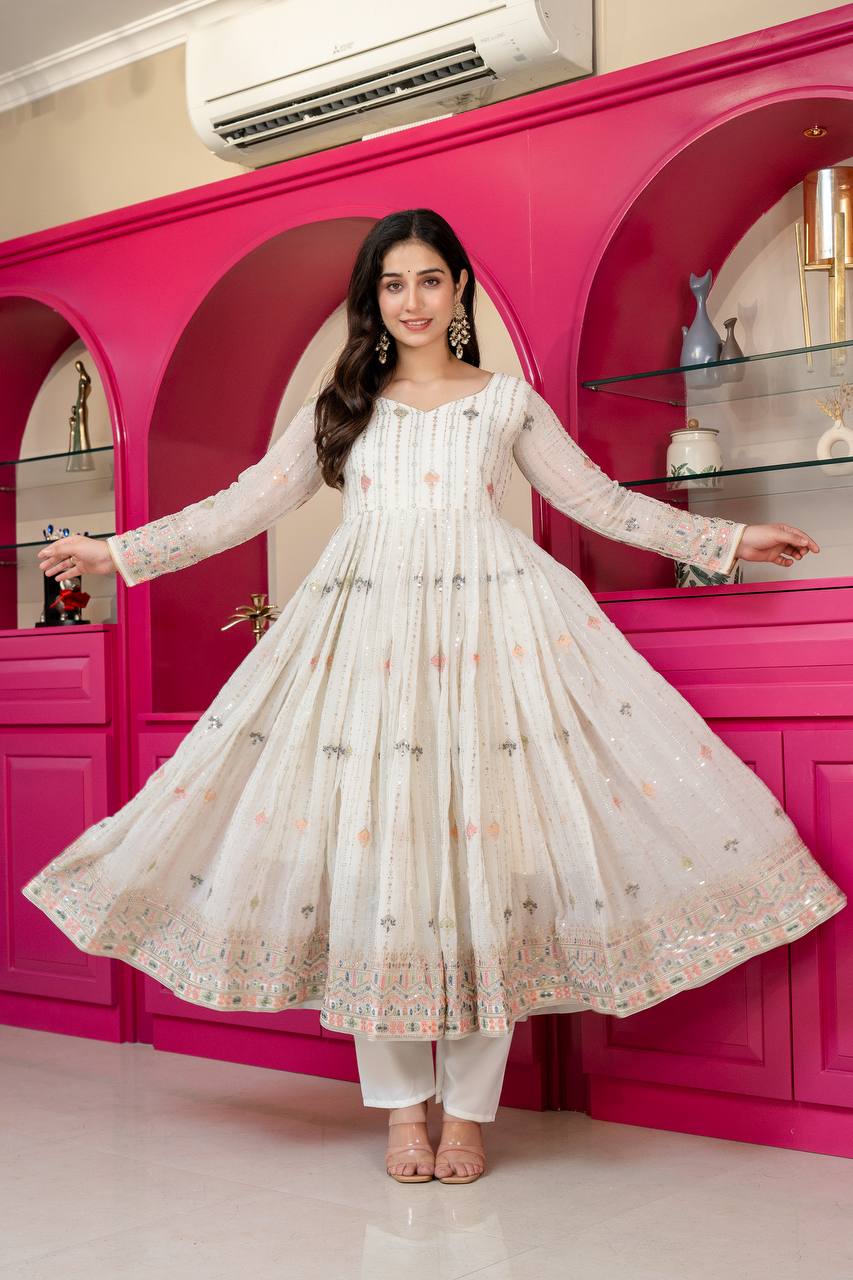 White Anarkali Suit – Heavy Zari & Sequins Work ClothsVilla