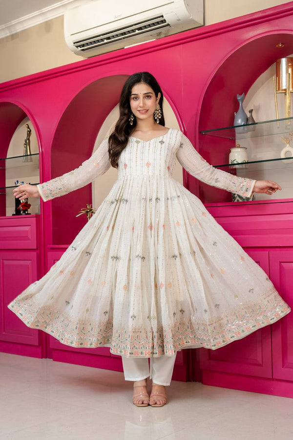 White Anarkali Suit – Heavy Zari & Sequins Work ClothsVilla