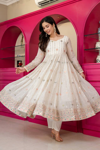 White Anarkali Suit – Heavy Zari & Sequins Work ClothsVilla
