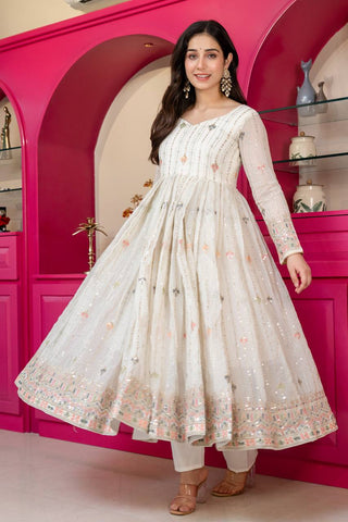 White Anarkali Suit – Heavy Zari & Sequins Work ClothsVilla