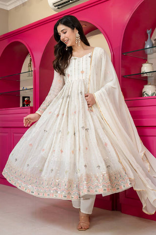 White Anarkali Suit – Heavy Zari & Sequins Work ClothsVilla