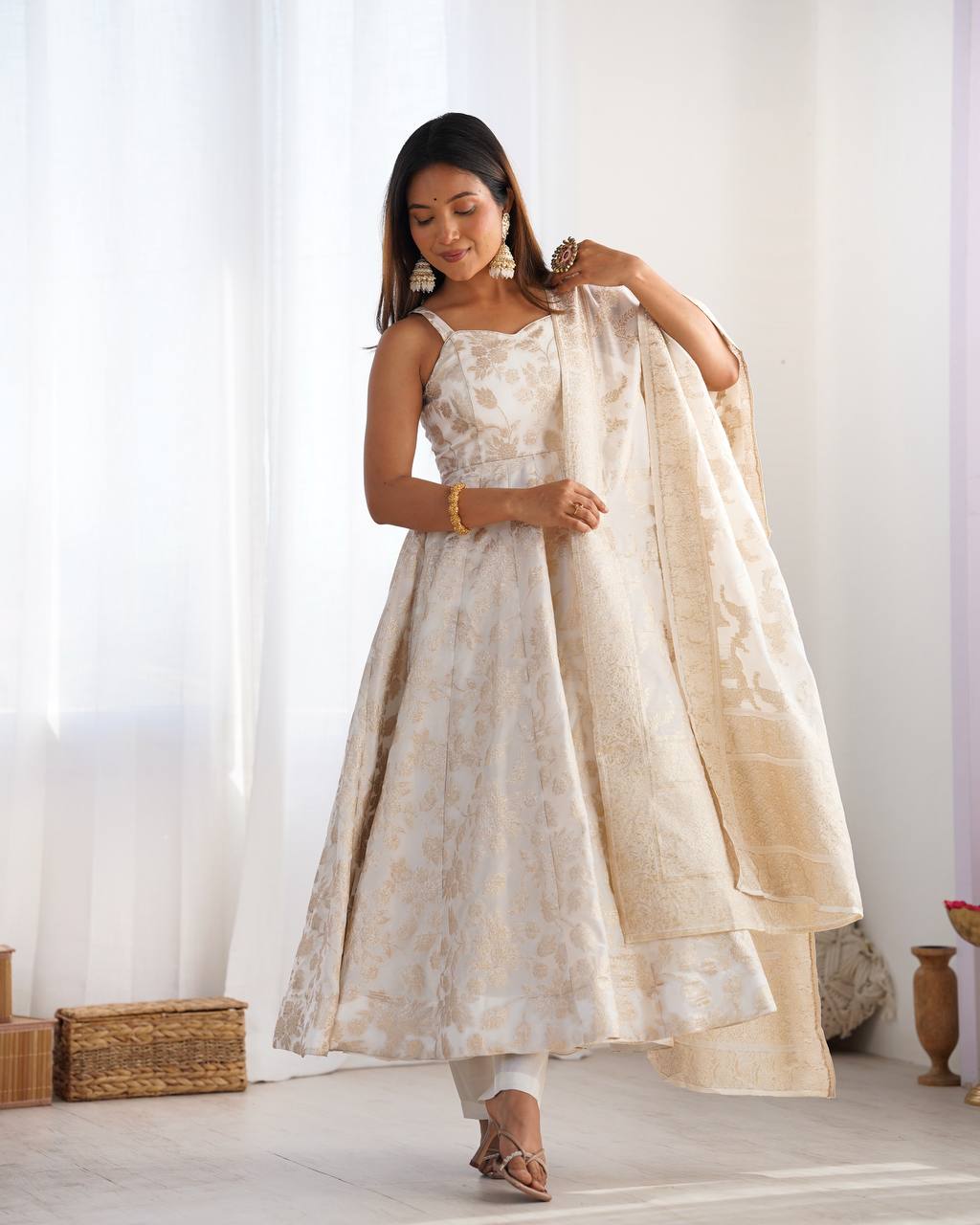 White Banarasi Silk Anarkali Set ClothsVilla