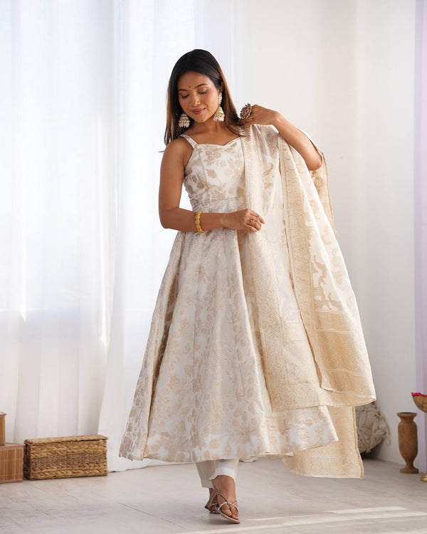 White Banarasi Silk Anarkali Set ClothsVilla