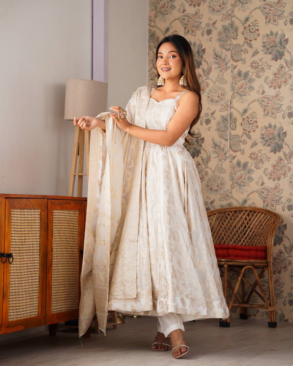 White Banarasi Silk Anarkali Set ClothsVilla
