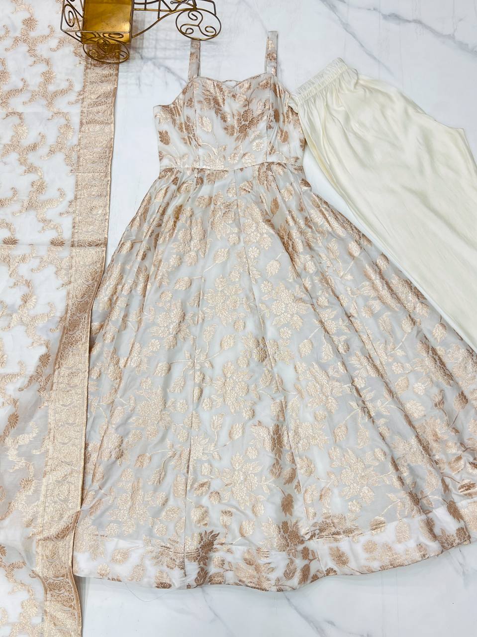 White Banarasi Silk Anarkali Set ClothsVilla