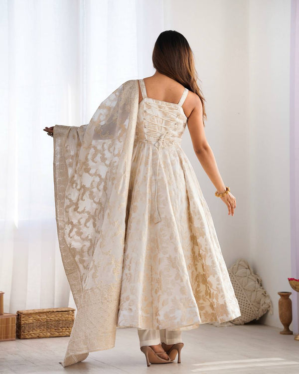 White Banarasi Silk Anarkali Set ClothsVilla