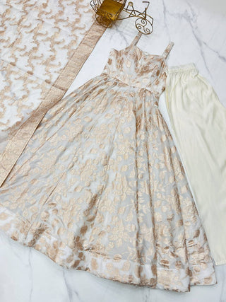 White Banarasi Silk Anarkali Set ClothsVilla