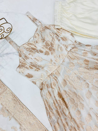 White Banarasi Silk Anarkali Set ClothsVilla