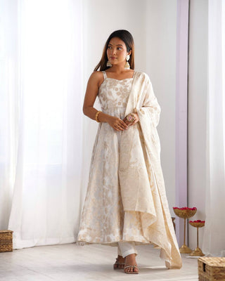 White Banarasi Silk Anarkali Set ClothsVilla