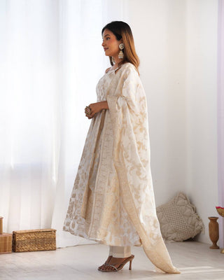 White Banarasi Silk Anarkali Set ClothsVilla